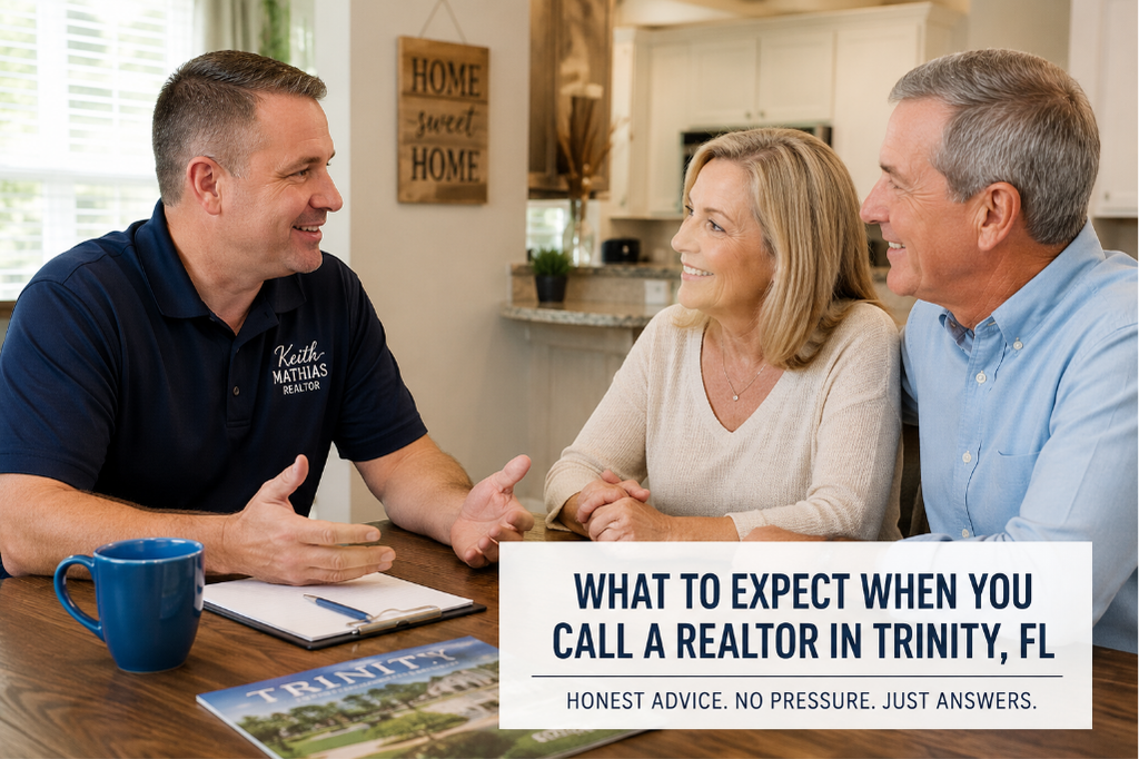 Realtor meeting with homeowners in Trinity FL to discuss selling a home.