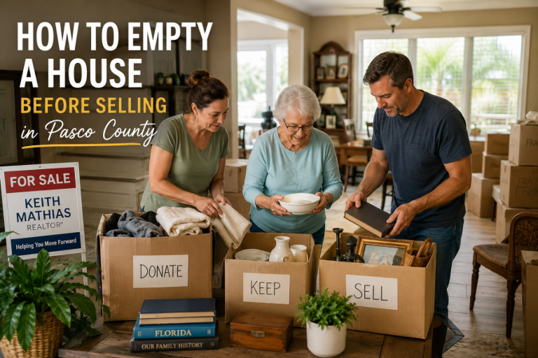 Family sorting furniture and household belongings before selling a house in Pasco County Florida.