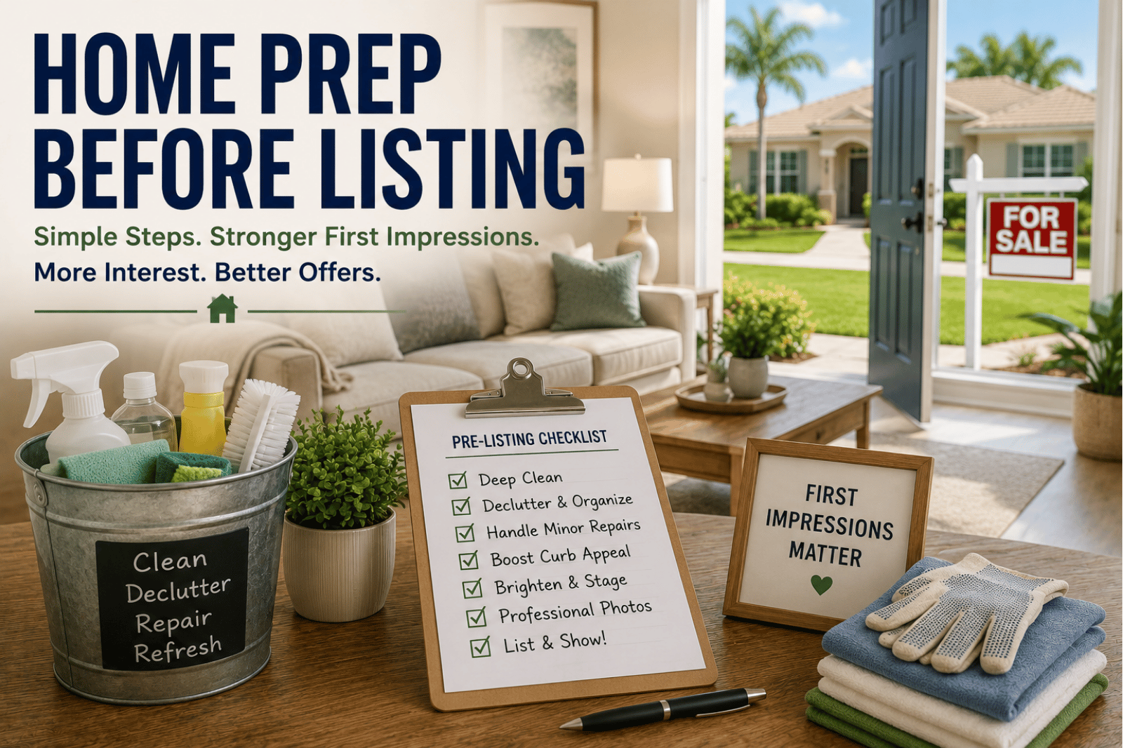 Home prep before listing in Florida with cleaning, decluttering, and staging preparation
