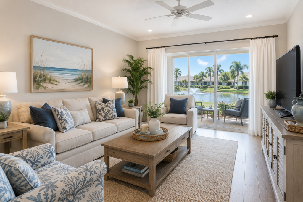 Selling a house furnished in New Port Richey with professionally staged Florida living room