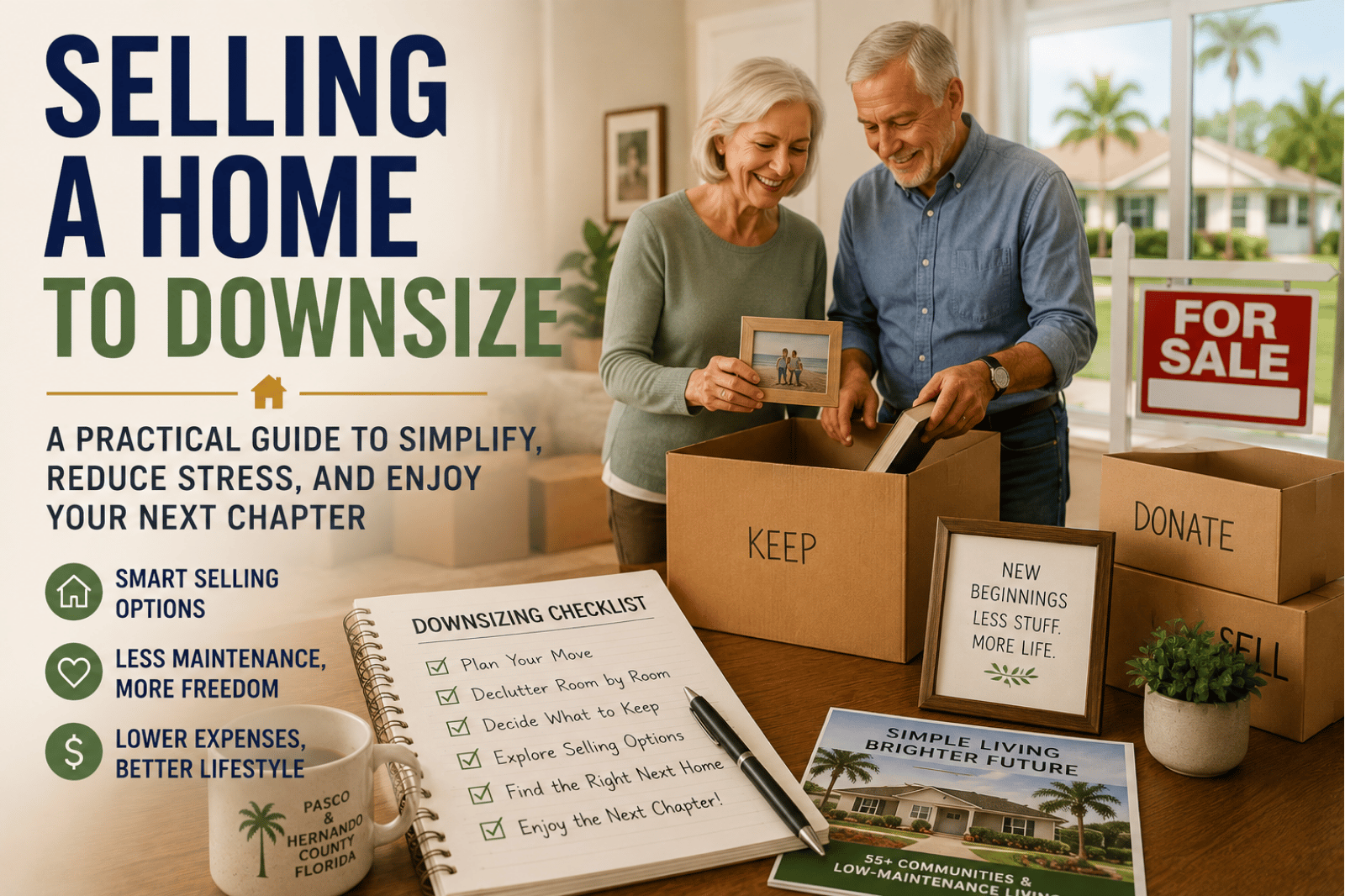 Selling home to downsize in Florida with homeowners organizing a move to simplify life