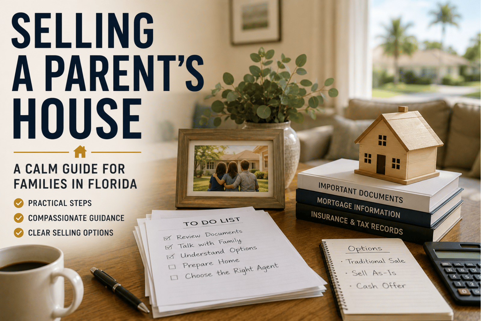 Selling a parent’s house in Florida with family organizing paperwork and home decisions