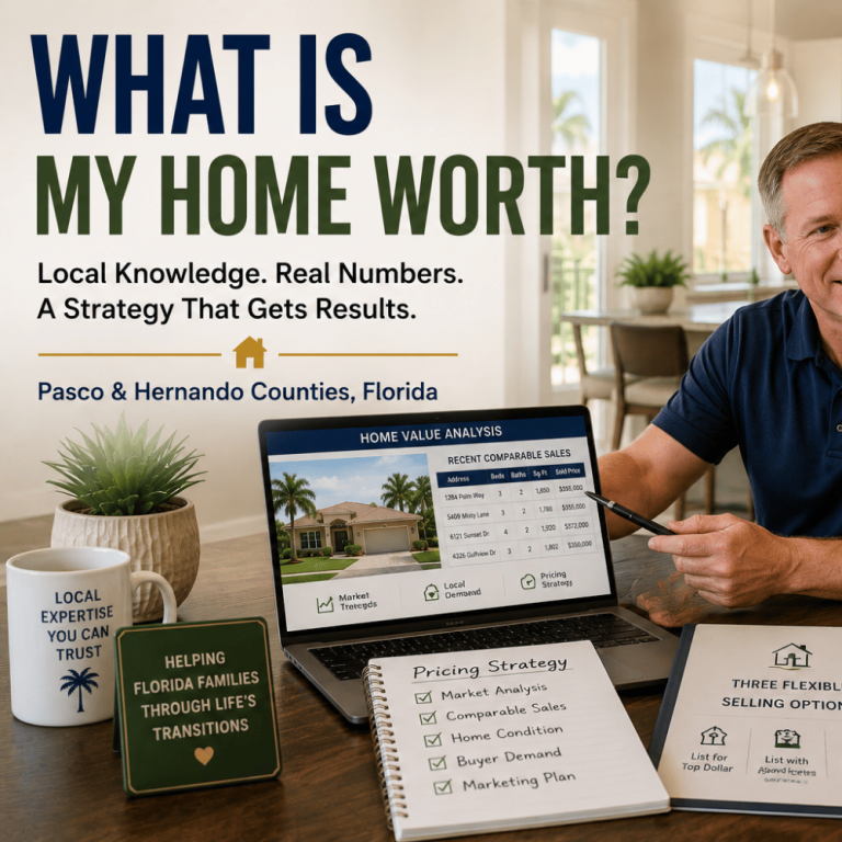 A Florida real estate consultation showing a homeowner reviewing market data, pricing strategy, and comparable sales with a Realtor in Pasco County.
