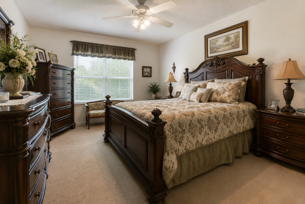 Oversized traditional bedroom furniture making a New Port Richey home feel crowded