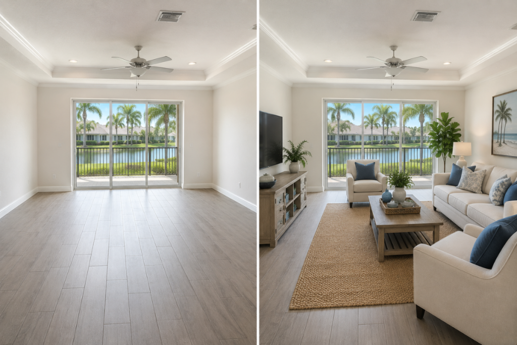 Virtually staged empty living room in a New Port Richey Florida home