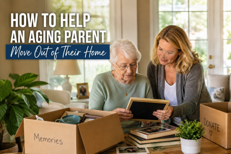 Adult child helping an aging parent prepare to move from a longtime home in Pasco County Florida.