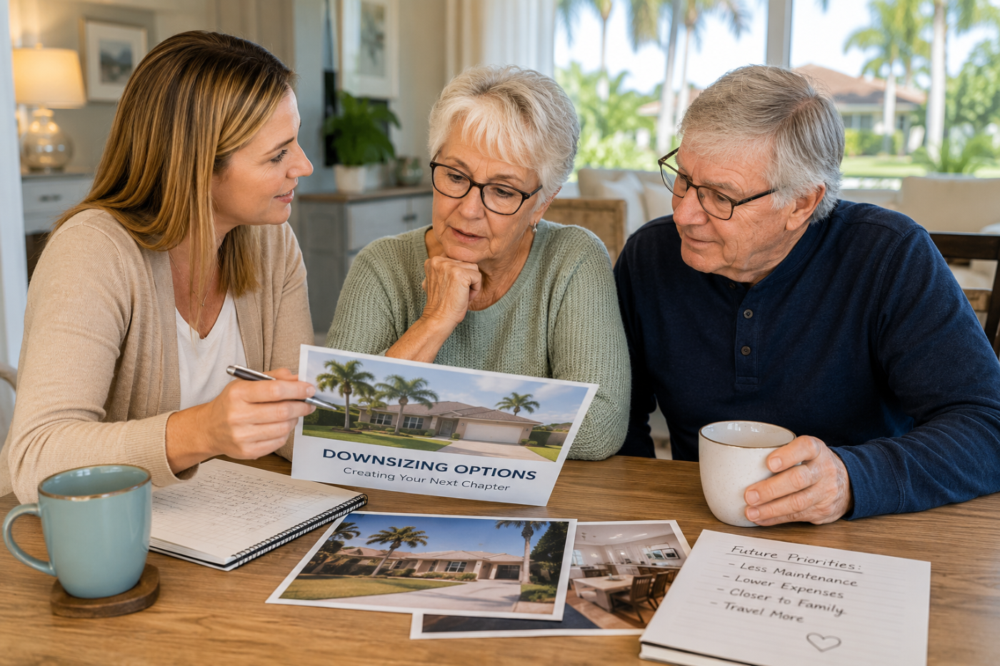 Adult children discussing downsizing options with aging parents in Pasco County Florida.