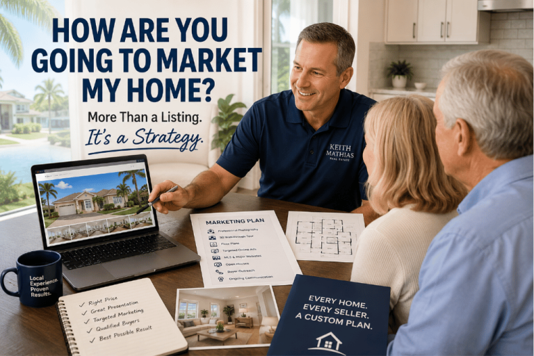 Realtor explaining a home marketing strategy to sellers in Pasco County, Florida.