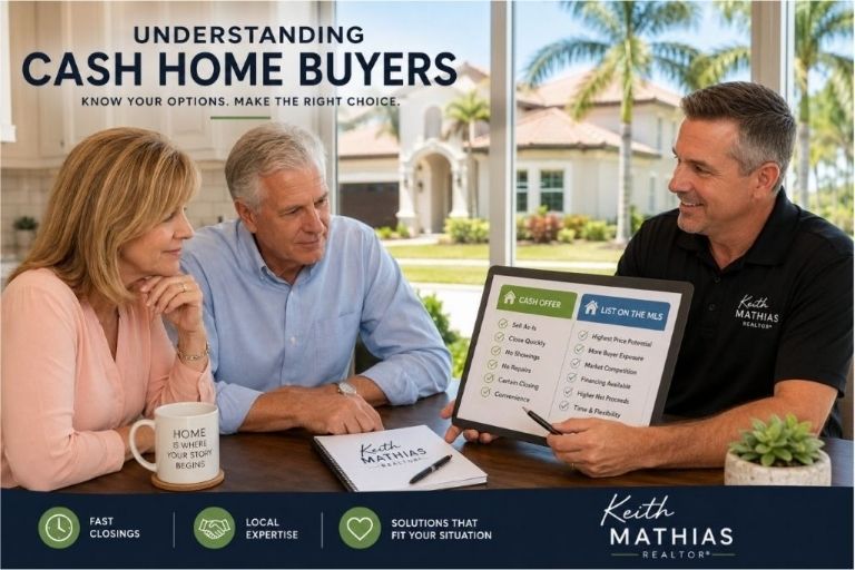 Realtor explaining cash home buyer options to homeowners in Pasco County, Florida.
